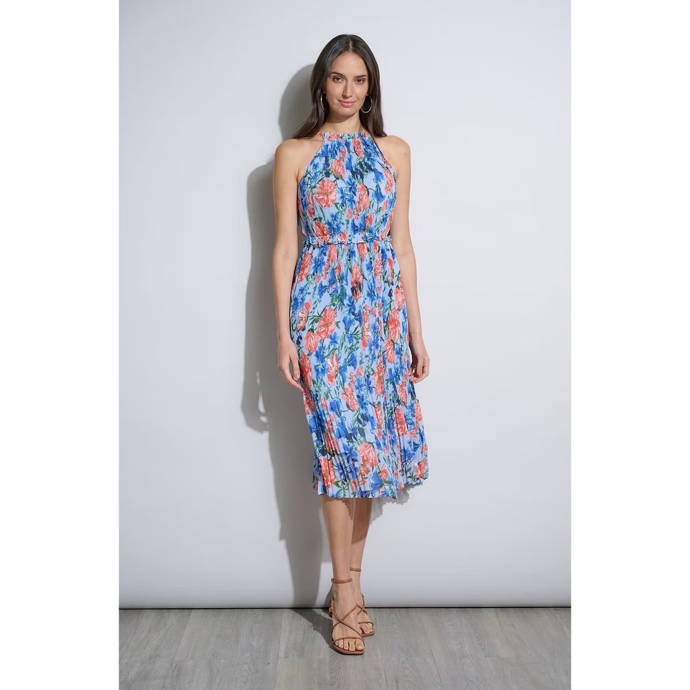NWT Elie Tahari Floral Halter Pleated Midi Dress / Size M / Bright and‎ Summery